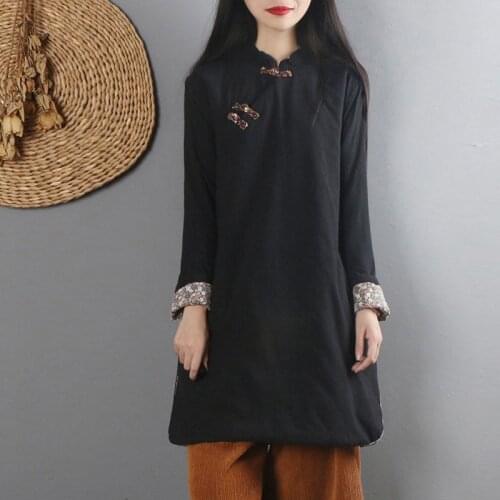 2020 Winter New Cotton Linen Women Stand Robe Vintage Dress Thick Warm Robe Button Original Chinese Style Cheongsam Dress 11884