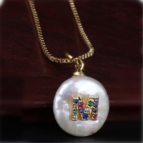 Rainbow CZ initial 26 alphabet letter natural coin freshwater pearl charm pendant dainty thin chain choker necklace for women
