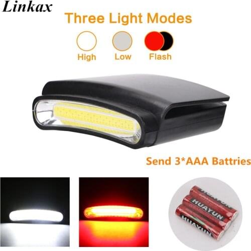 2018 New Cap Hat Light Clip On Hat Headlight Headlamp COB LED White/Red Light Mode Head Torch Cycling Lanterna with 3xAAA