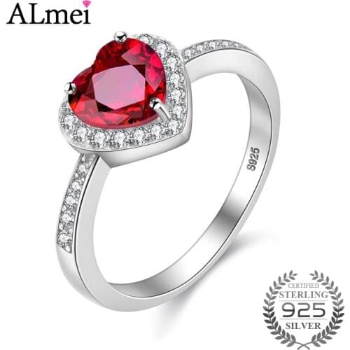 Almei Popular Red Heart Cut Garnet White CZ Halo Wedding Rings 925 Sterling Silver Women Ring Dropshipping with Box 10% CJ007