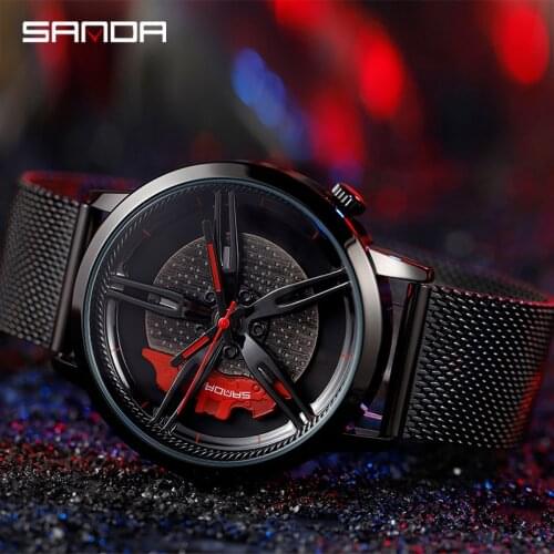 SANDA Fashion Men Watches Top Brand Luxury Waterproof Mesh Strap Quartz Wristwatches Car Wheel Style Clock Relogio Masculino