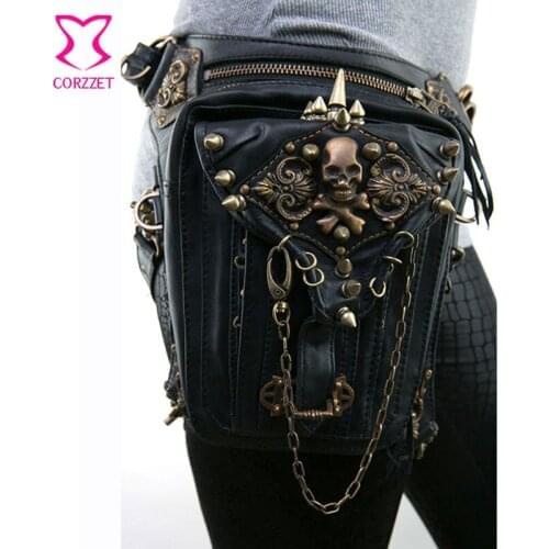 Black PU Leather Skull & Rivet Punk Rock Leg Thigh Holster Waist Bag Women/Men Gothic Steampunk Corset Crossbody Shoulder Bag