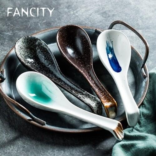 FANCITY High-value creative ceramic spoon Small eating bowl spoon soup spoon Restaurant household ceramic small spoon dessert