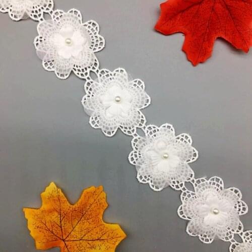 GXINUG 2 Yards Pearl Vintage 3-layer Flower Fabric Lace Trim Applique Organza Ribbon Embroidered Wedding Dress Sewing Craft