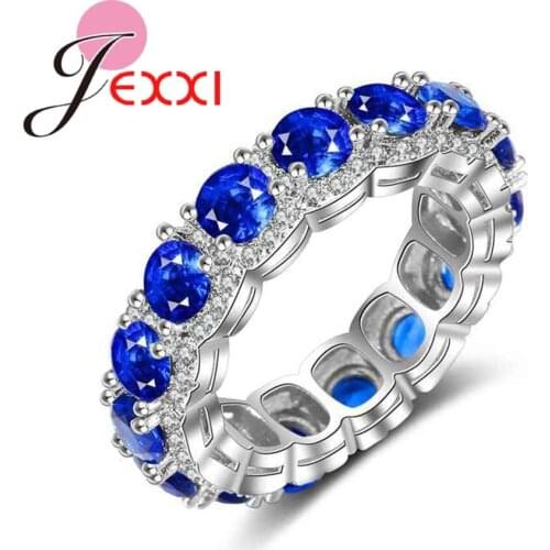 New Finding 925 Sterling Silver Ring Red/Blue Full Round Crystal Jewelry Fashion Narrow Band Bague for Women Girls