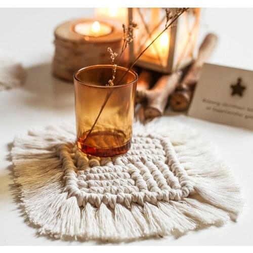 Square Tassel Braided Cotton Rope Non-slip Placemat Cup Bowl Pad Heat Insulation Mat Table Decoration & Accessories