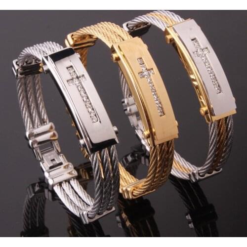 Fashion Male Cross Cable Bangles Gold Color Titanium Steel Jesus Cross Charm Cuff Wire Bracelets Jewelry For Men