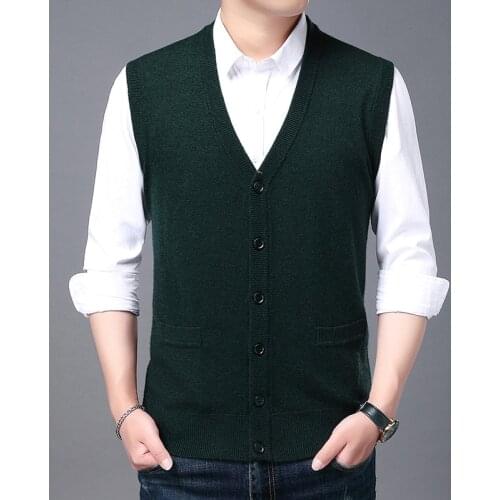 Man Cashmere Cardigan Casual V-Neck Knit Coat Male Sleeveless Wool Sweater Buttons Knitwear With Pockets