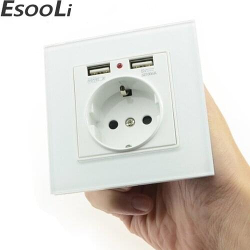 Wall Socket Power 16A EU Standard Outlet With 2A Dual USB Charger Port for Mobile Phone Tempered glass White USB Socket Power
