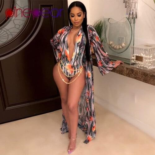 PinePear Chain Print Floral Cover Up + Halter Bodysuit 2 Piece Set Beach Bathing Suit Swimwear Hollow Out Swimsuit Dropshipping