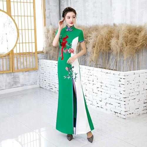 Green-White Patchwork Qipao Elegant Women Cheongsam High Split Stage Show Dress Slim Long Formal Dress Vestidos Big Size S-5XL