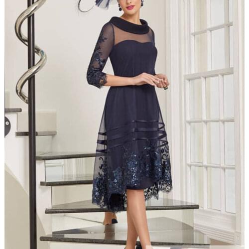 Custom made navy blue mesh dress mother of the bride dress wedding dress mother mother of bride outfit fold neck mesh dress