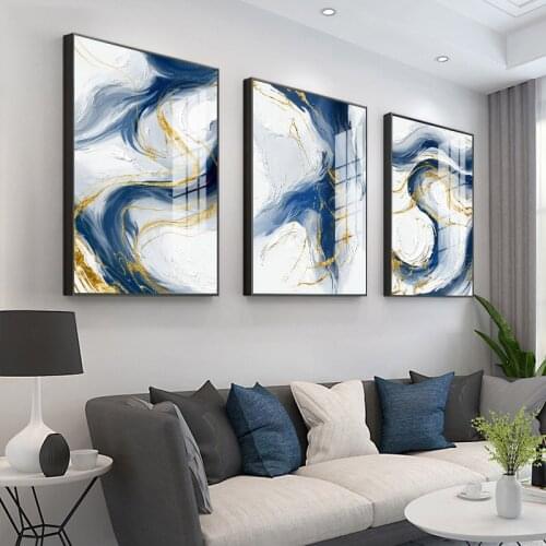 Blue gold abstract graphic art canvas painting luxury style poster simple printing contemporary wall painting home decoration