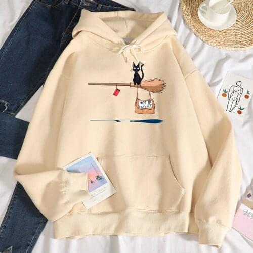 Kikis Delivery Service Cat On Magic Broom Print Women Hoody Fashion Loose Hoodie hip hop Soft Sweatshirt Casual Warm Streetwear
