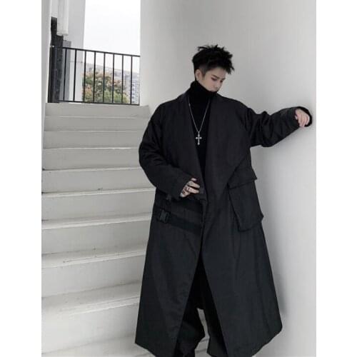 Mens trench coats man Middle length coat men clothes Safety buckle decorative webbing overcoat long sleeve Large lapel black