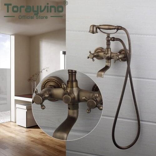 Bathroom Bathtubs Wall Mounted Mitigeur De Baignoire Antique Telephone Double Handles Antique Brass Sink Faucet Brass Mixer Tap
