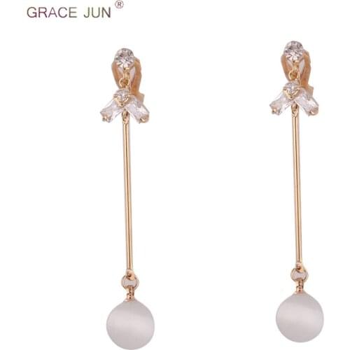 GRACE JUN Clip on Earrings and Pierced Earrings for Women High Quality Long AAA CZ Opal Stone Charm Jewelry Accessory Good Gift