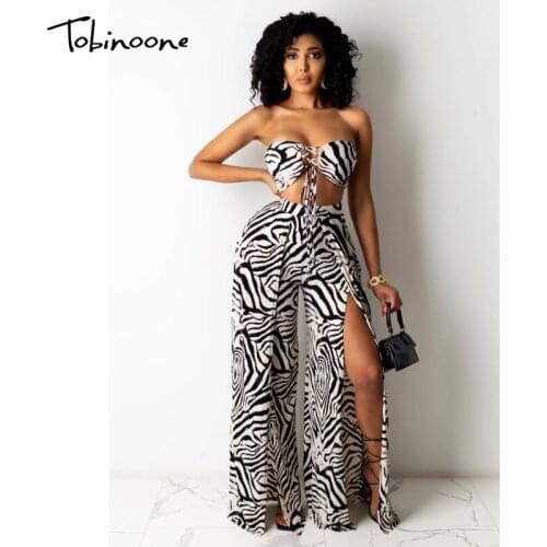 Tobinoone Drawstring Striped Split Sexy 2 Piece Set Women Strapless Crop Top And Pants Sets Summer Backless Party Two Piece Set