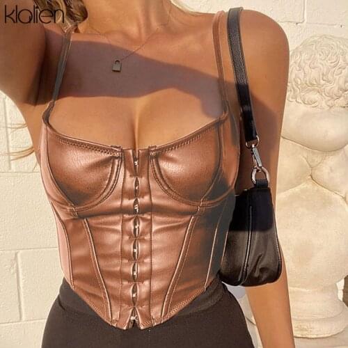 KLALIEN 2021 Summer Sexy V-Neck Halter Sleeveless Solid Women Camisole Pu Leather Punk Club Button Street Style Crop Corset