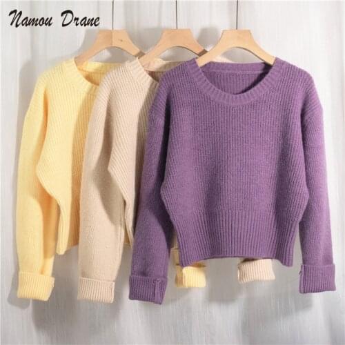 New 2021 Spring Womens Sweater Pullovers Warm Minimalist Korean Short Elegant Solid Sweet Lady Jumpers Blue Sweater simplee