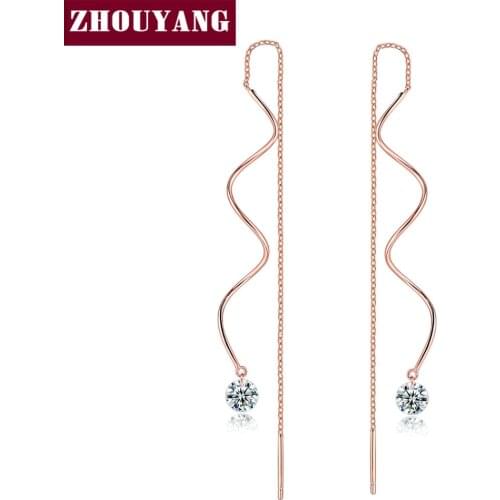 ZHOUYANG Earrings For Women Simple Spiral Ear Line AAA+ Cubic Zirconia Rose Gold Color Fashion Earrings Jewelry KC170