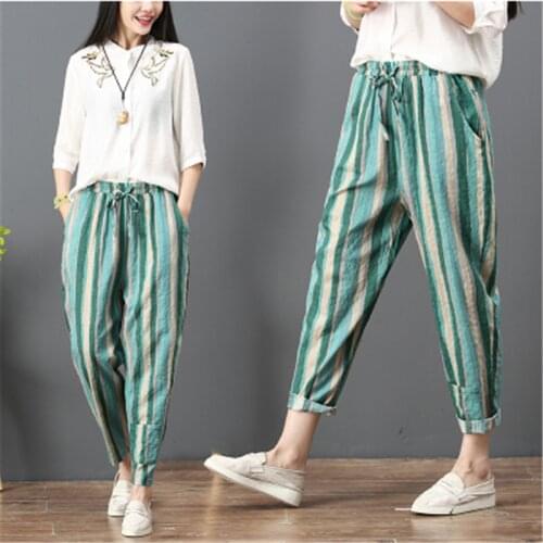 2021Shein Summer New Style Plus Size Womens Fashion High Waist Loose Stripe Nine Points Casual Pencil Pants Pantalones De Mujer