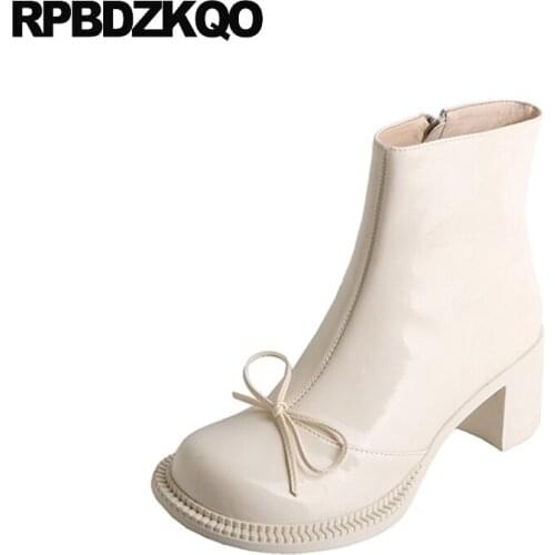 Shoes Patent Leather Round Toe Women High Heel Real Autumn 2021 Block Beige Girls White Wedding Boots Ankle Chunky Bow Ladies