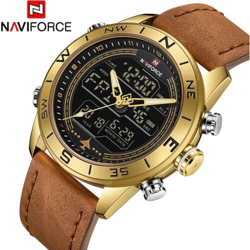 NAVIFORCE Watches Mens Gold Fashion Male Wrist Watch Sport Analog LED Digital Watch Men Leather Quartz ClockRelogio Masculino
