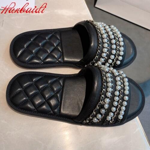 Black white Women Summer Slippers Mental Chian Genuine Leather Pearl Slip On Platform Beach Sandals Runway Outfit Women Slids