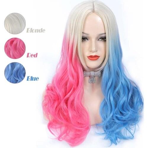 Long Wavy Blonde Pink Blue Synthetic Hair Middle Part Wigs for Women Synthetic Cosplay Wigs Halloween Party Full Head Wig