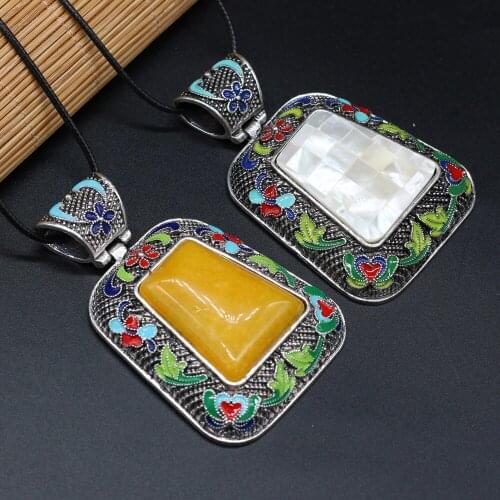 Ethnic Vintage Necklace Natural Stone Abalone Shell Lapis Lazuli Pendant Charms Leather Rope Necklaces Boho Jewelry Gift 30x65mm