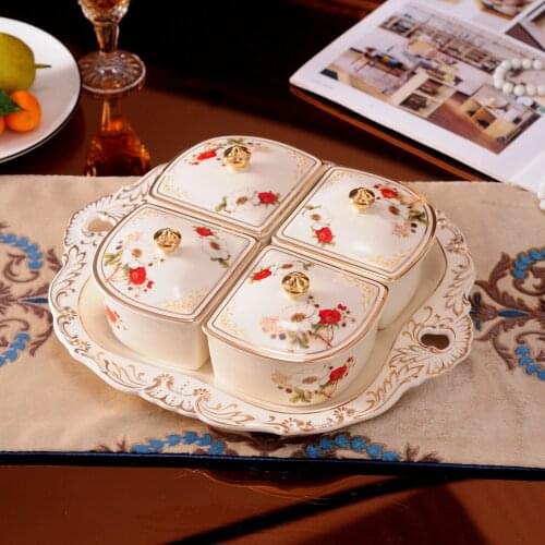 European ceramic dry fruit tray divided fruit tray with cover nut melon seed tray candy dry fruit box living room fruit tray