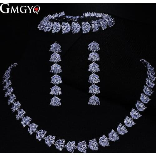 GMGYQ Trendy White Leaf Bruiloft Jewelry Set Water Drop Cubic zirconia Chain Earrings Bracelet Full Set For Women
