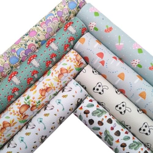 Mushrooms Printed Synthetic Leather Faux Fabric Sheets Felt Backing Vinyl For Earrings bag Bows DIY GM2314A