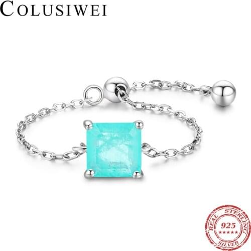 Colusiwei 100% Solid 925 Sterling Silver Green Tourmaline Square Chain Link Ring Adjustable Finger Ring for Women Jewelry Bijoux
