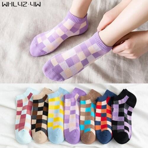 5 Pairs Summer Woman Girl Boat Ankle Socks Cotton Street Fashion Grid Cute Bright Color Harajuku Happy No Show Socks Hot Sell