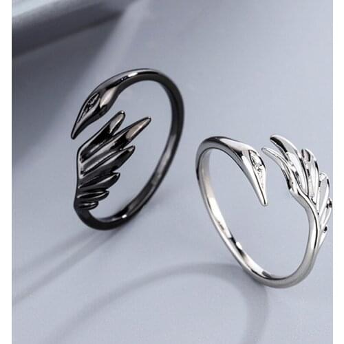 YIZIZAI Angel And Devil Couple Rings Vintage Black Silver Color Swan Wing Feather Rings for Women Men Lovers Party Jewelry Gifts