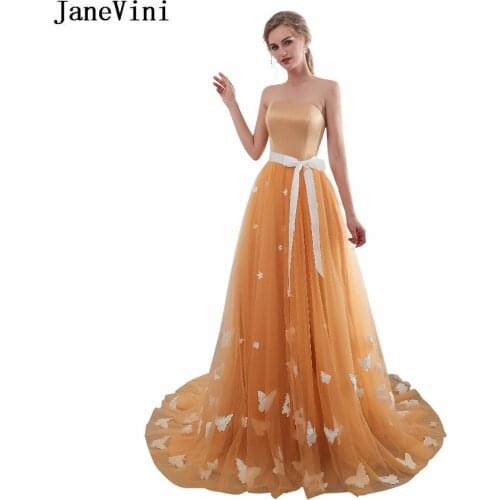 JaneVini 2019 Handmade Butterfly Decoration Bridesmaid Dresses Long Gold Tulle Strapless Wedding Party Dress bruidsmeisjes jurk