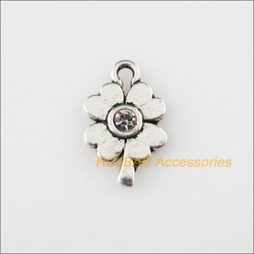 35Pcs Tibetan Silver Color Clear Crystal Clover Flower Charms Pendants 9.5x15mm