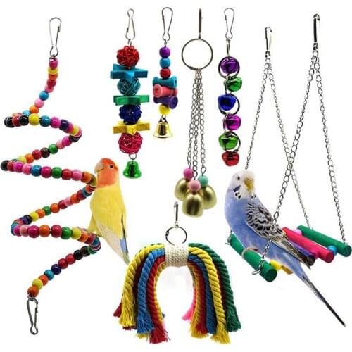 Bird Parrot Toys, 7 Packs Bird Swing Chewing Hanging Perches With Bells For Pet Parrot Lovebird Howl Budgie Cockatiels Macaws