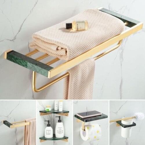 Nordic Luxury Bathroom Accessories Brushed Gold Towel Rack Green Marble Towel Bras Solid Brass Towel Holder Wall Hanging Shelf