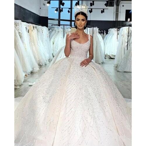 2021 Luxury Wedding Dresses Scoop Beaded Sleeveless Bling Bling Puffy Princess Ball Gown Vestidos De Novias