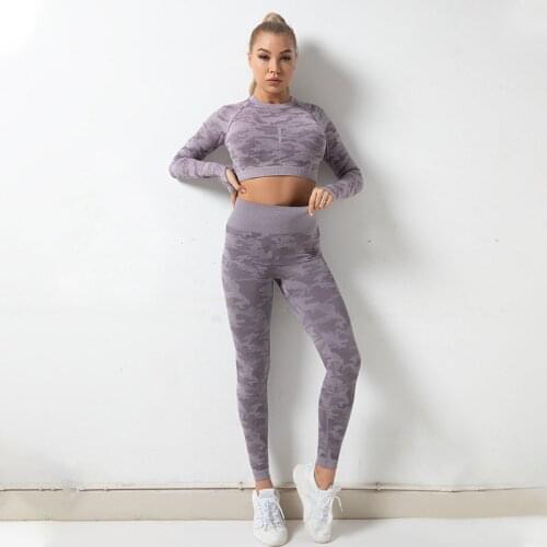 SALSPOR Seamless Yoga Sets Women Sports Camouflage Long Sleeve Fitness Push Up Leggings Running Quick Dry Tight Gym Tracksuit