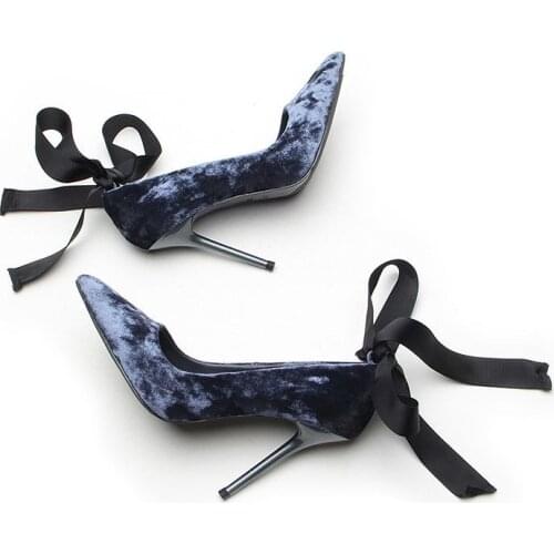 Pumps for Women Lace Bowknot Velet Autumn Ladies Shoes Genuine Leather Party Prom Shoes Office Casual Plus Size High Heels