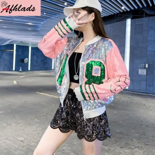 Spring And Autumn Print Streetwear Jacket 2021 Women Hip Hop Coat Long Sleeve Sequins Patchwork Women Jacket Outerwear