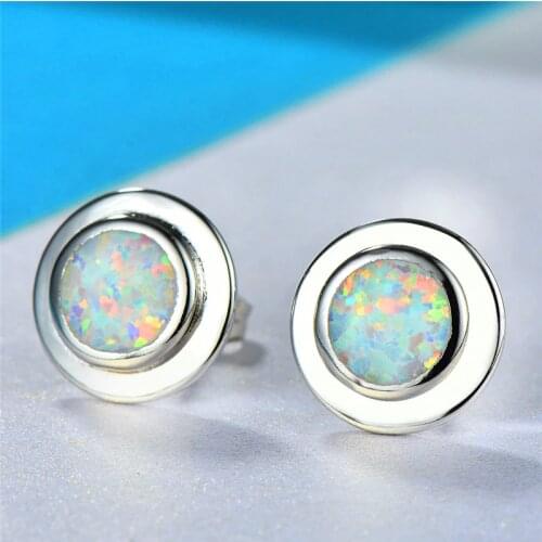 Female Male Round Stud Earrings For Women Men Blue White Fire Opal Earrings 925 Silver Filled Bridal Wedding Piercing Jewelry