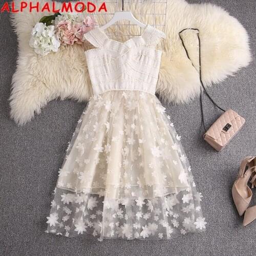 ALPHALMODA 2020 New Bandage Dress Slash Neck Off-shoulder 3D Floral Mesh Patchwork Sweet Women Party Dress Evening Vestidos