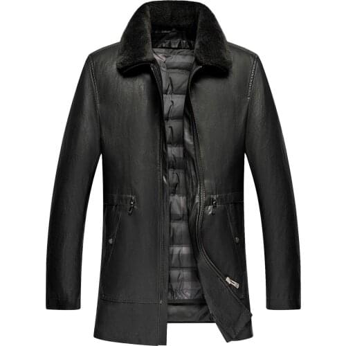 Winter thickened leather down Lapel middle aged mens jacket fathers suit