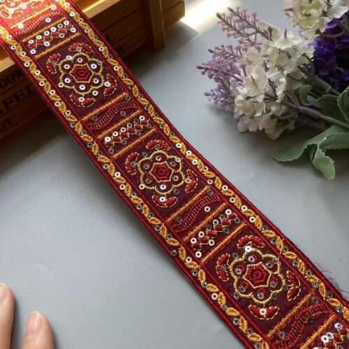 2 Yards Ethnic Red Thread Sequins African Lace Trims Geometric Lace Ribbon DIY Sewing Dress Decoration Bridal Lace