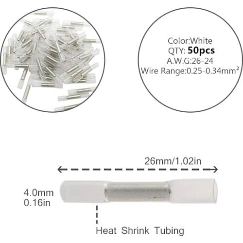 50PCS Assortment Electrical Wire Butt Splice Insulated Solder Connectors Waterproof Heat Shrink Crimp Terminal 26-24AWG Kit